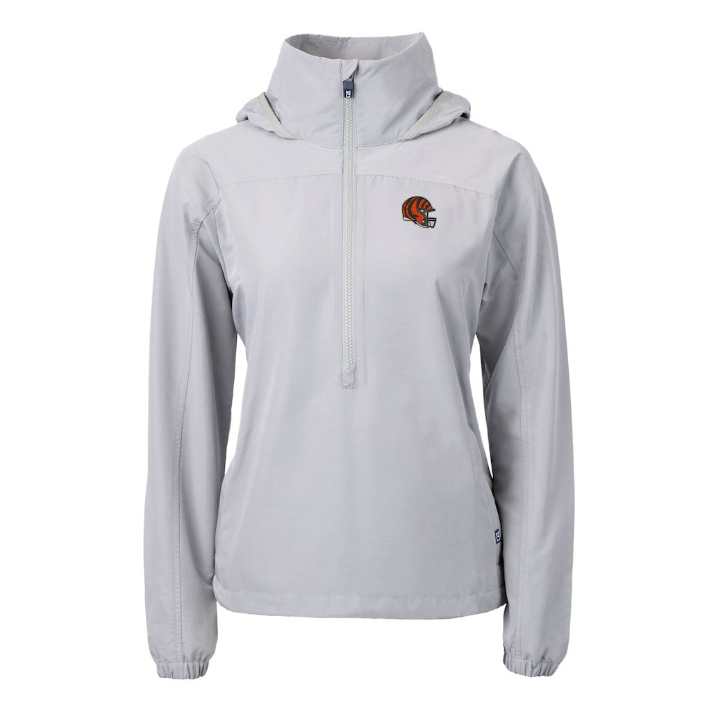 Cincinnati Bengals Cutter & Buck Women's Charter Eco Recycled Half-Zip Hooded Anorak Jacket - Gray for sale
