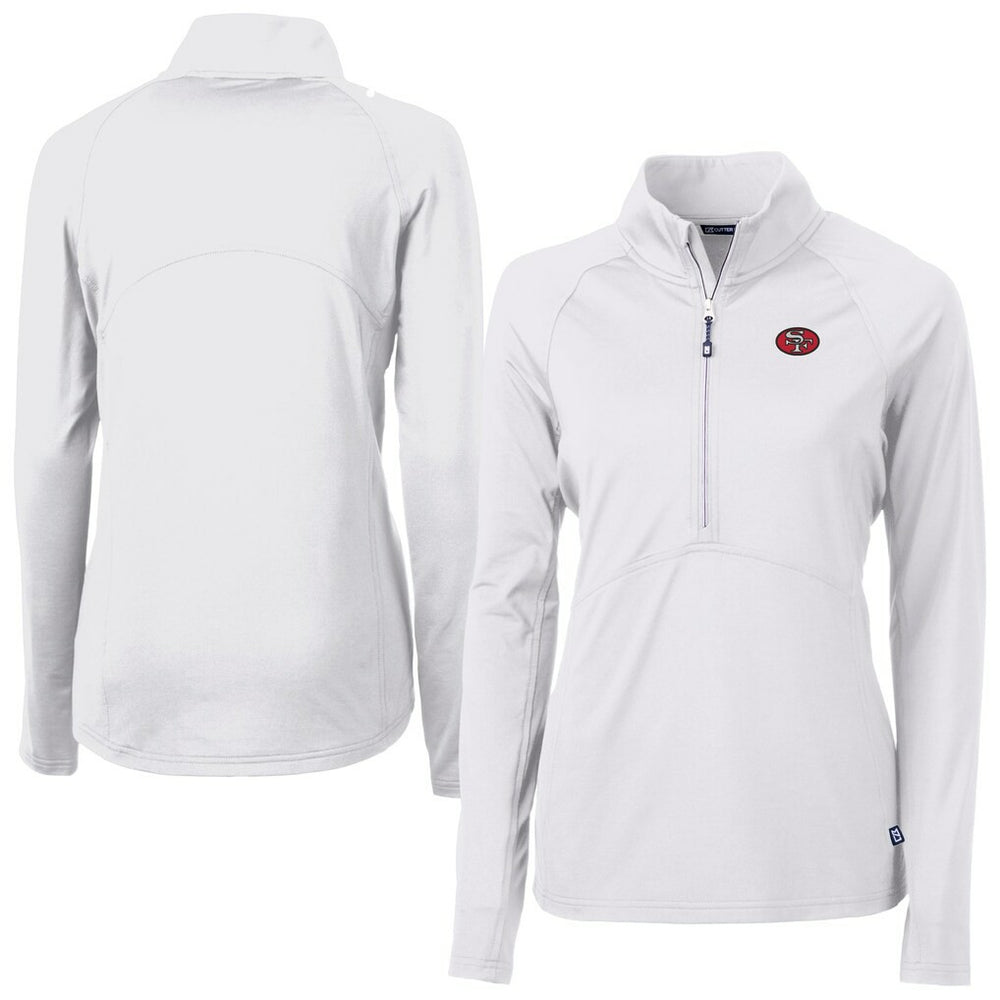 San Francisco 49ers Cutter & Buck Women's Adapt Eco Knit Stretch Recycled Raglan Half-Zip Top - White for sale