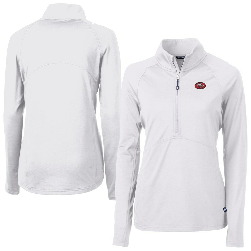 San Francisco 49ers Cutter & Buck Women's Adapt Eco Knit Stretch Recycled Raglan Half-Zip Top - White for sale