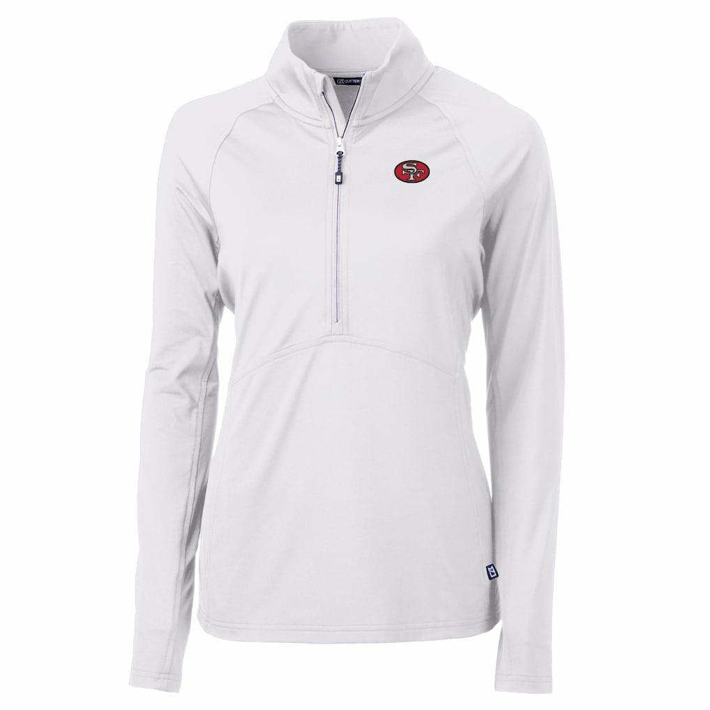 San Francisco 49ers Cutter & Buck Women's Adapt Eco Knit Stretch Recycled Raglan Half-Zip Top - White for sale