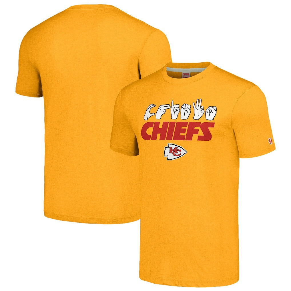 Kansas City Chiefs Homage Unisex The NFL ASL Collection by Love Sign American Sign Language T-Shirt - Gold for sale