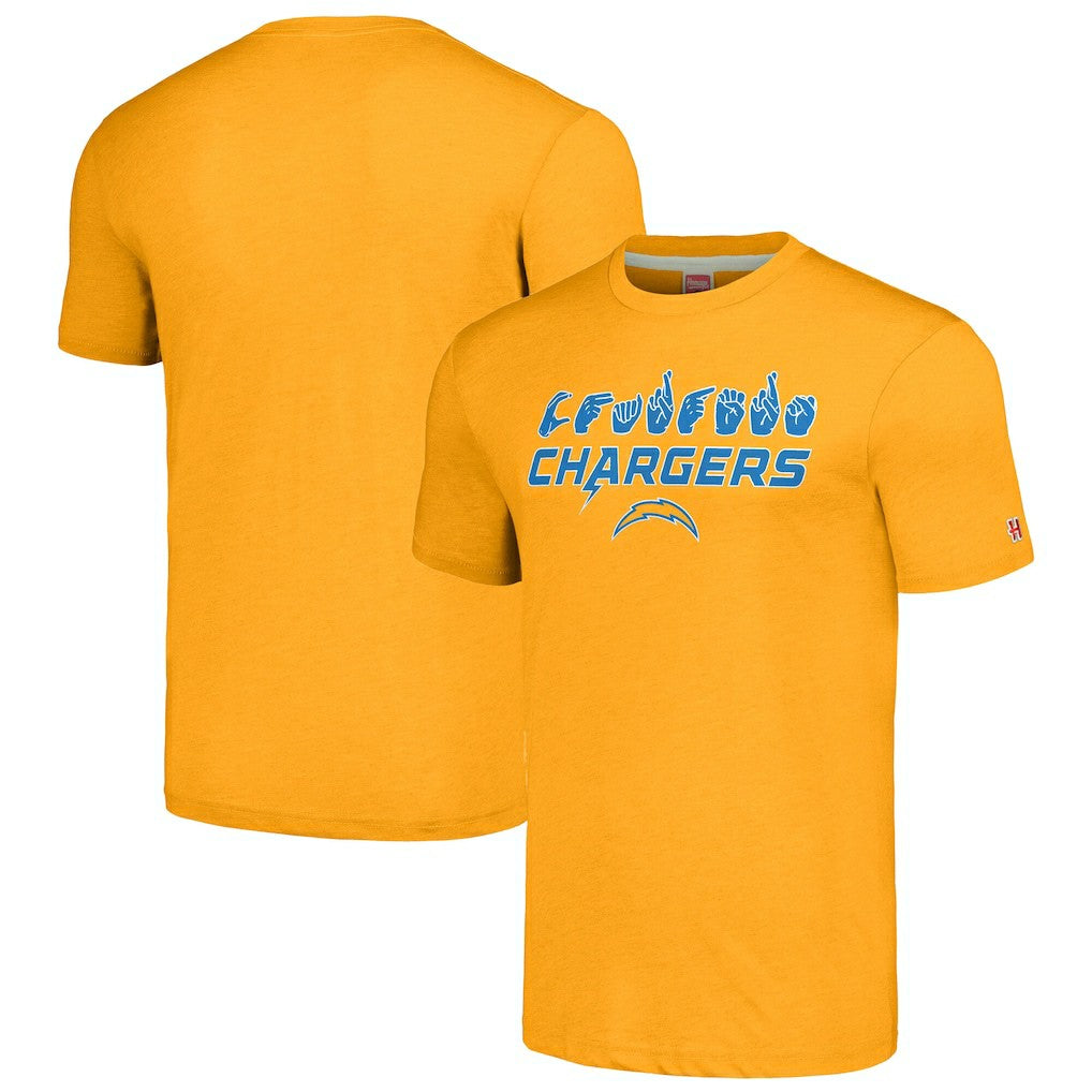 Los Angeles Chargers Homage Unisex The NFL ASL Collection by Love Sign American Sign Language T-Shirt - Gold on sale