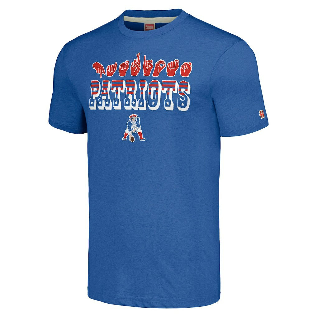 New England Patriots Homage Unisex The NFL ASL Collection by Love Sign American Sign Language T-Shirt - Blue cheap