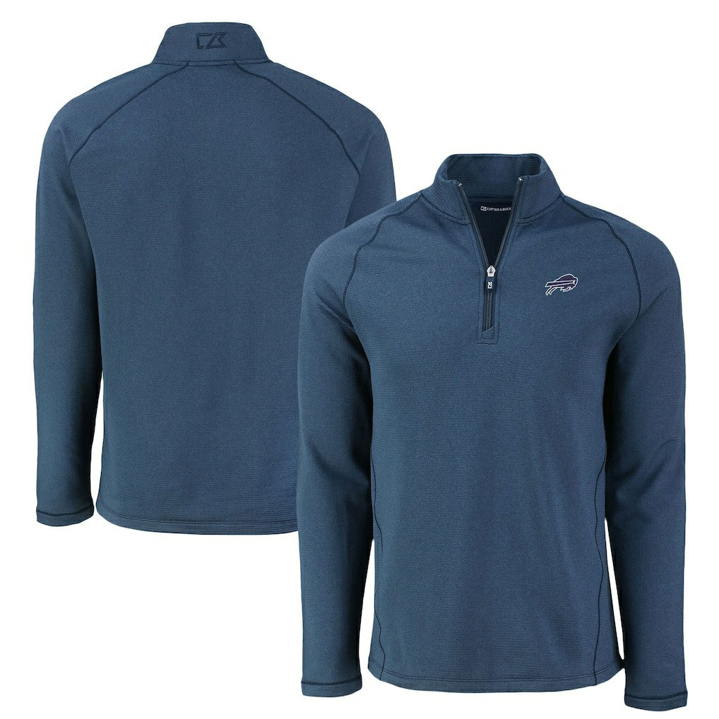 Buffalo Bills Cutter & Buck Peshastin Eco Fleece Tri-Blend Raglan Recycled Quarter-Zip Jacket - Heather Navy on sale