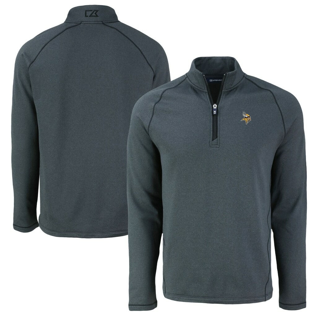 Minnesota Vikings Cutter & Buck Peshastin Eco Fleece Tri-Blend Raglan Recycled Quarter-Zip Jacket - Heather Black on sale