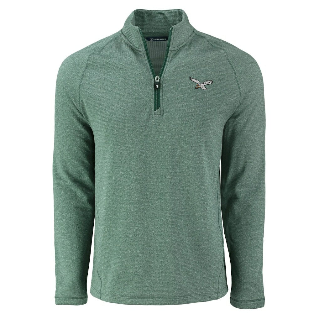 Philadelphia Eagles Cutter & Buck Peshastin Eco Fleece Tri-Blend Raglan Recycled Quarter-Zip Jacket - Heather Kelly Green for sale
