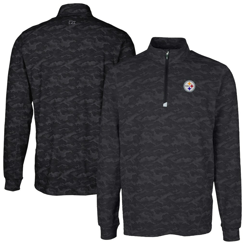 Pittsburgh Steelers Cutter & Buck Big & Tall Traverse Eco Camo Tri-Blend DryTec Quarter-Zip Jacket - Black on sale