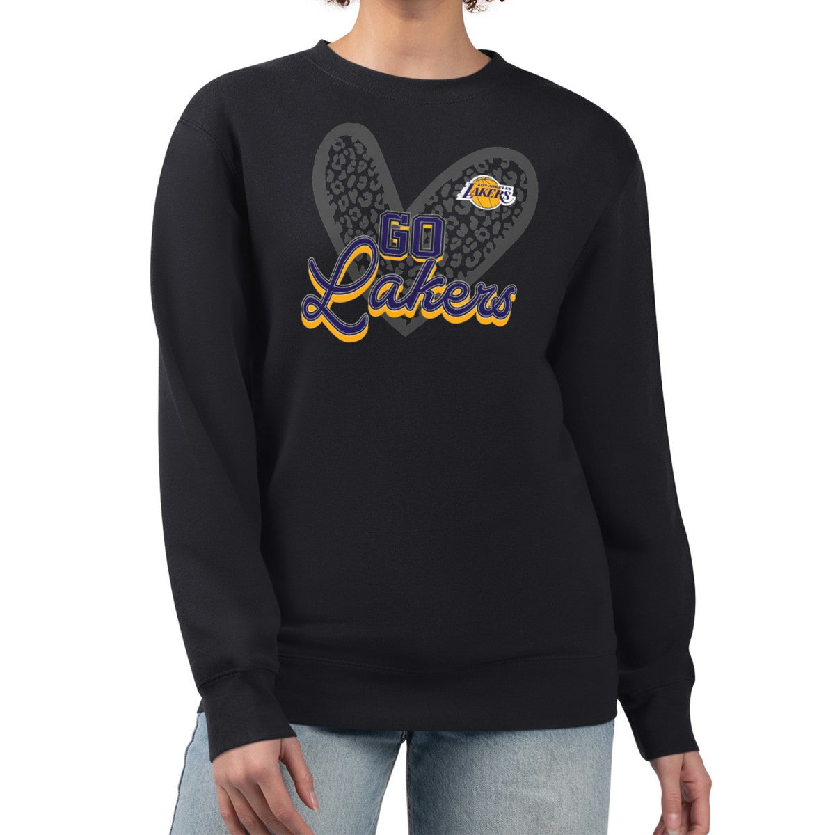 Los Angeles Lakers G-III 4Her by Carl Banks Women's Leopard Heart Fleece Pullover Sweatshirt - Black on sale