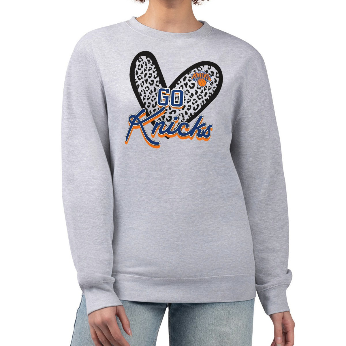 New York Knicks G-III 4Her by Carl Banks Women's Leopard Heart Fleece Pullover Sweatshirt - Heather Gray outlet