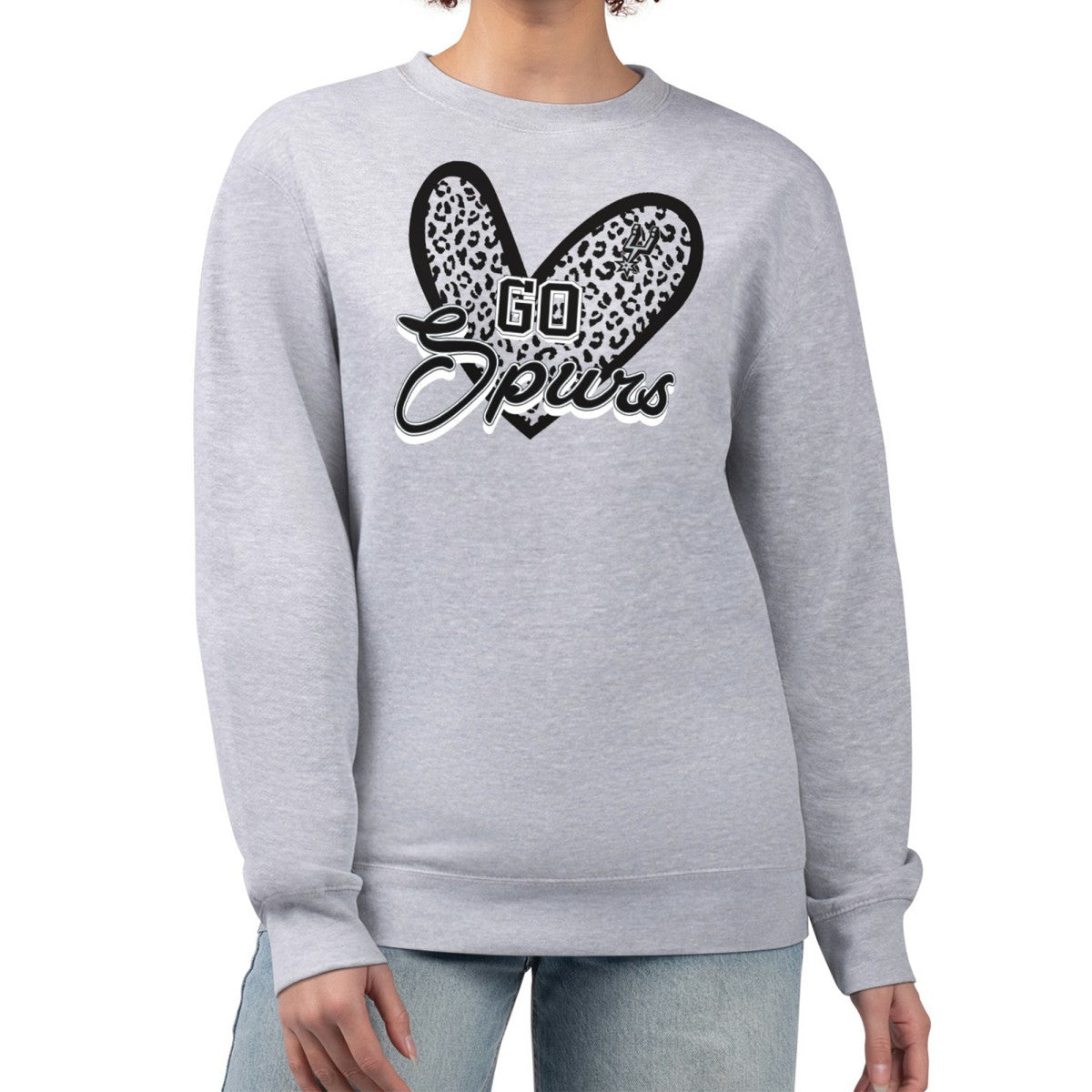 San Antonio Spurs G-III 4Her by Carl Banks Women's Leopard Heart Fleece Pullover Sweatshirt - Heather Gray shop
