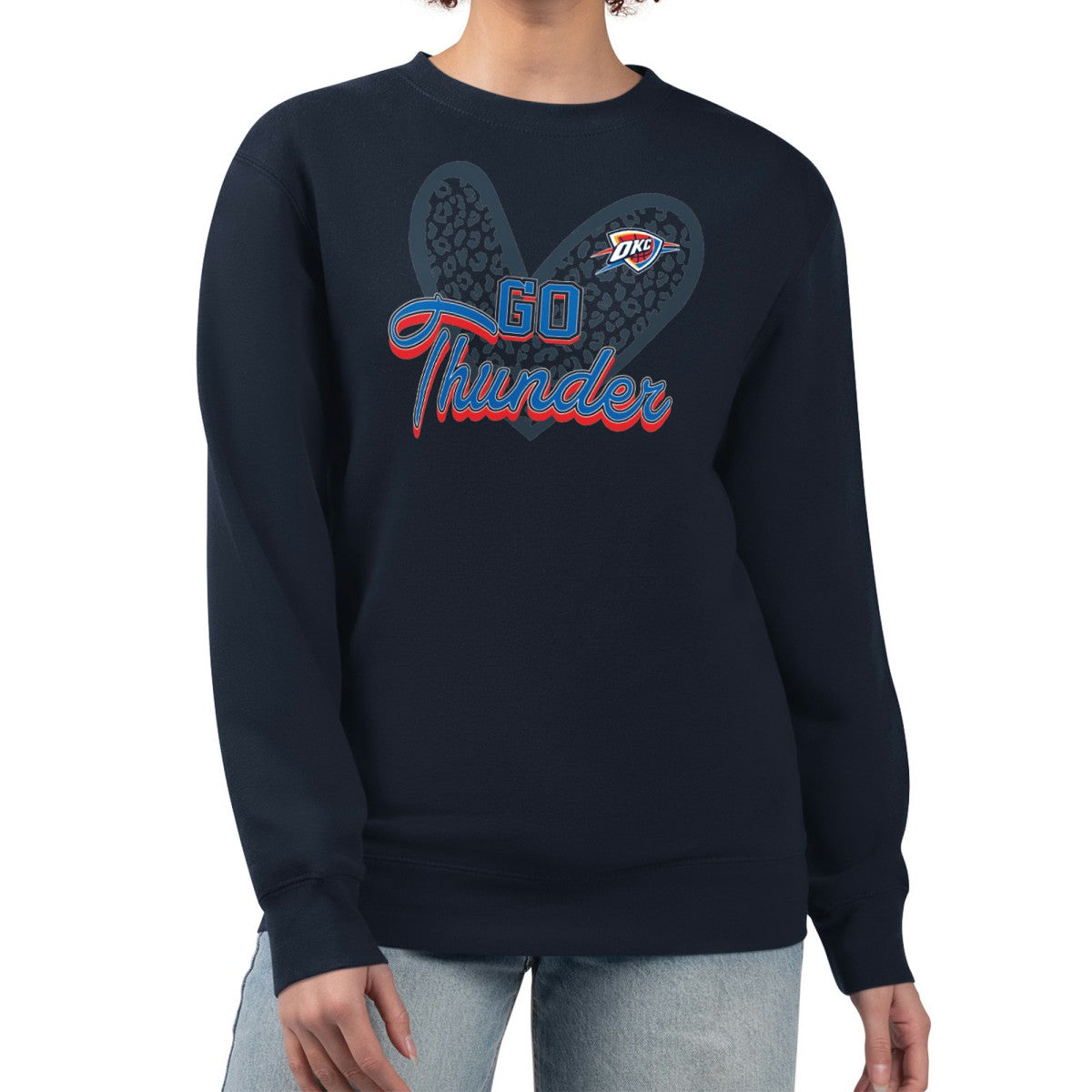Oklahoma City Thunder G-III 4Her by Carl Banks Women's Leopard Heart Fleece Pullover Sweatshirt - Navy on sale