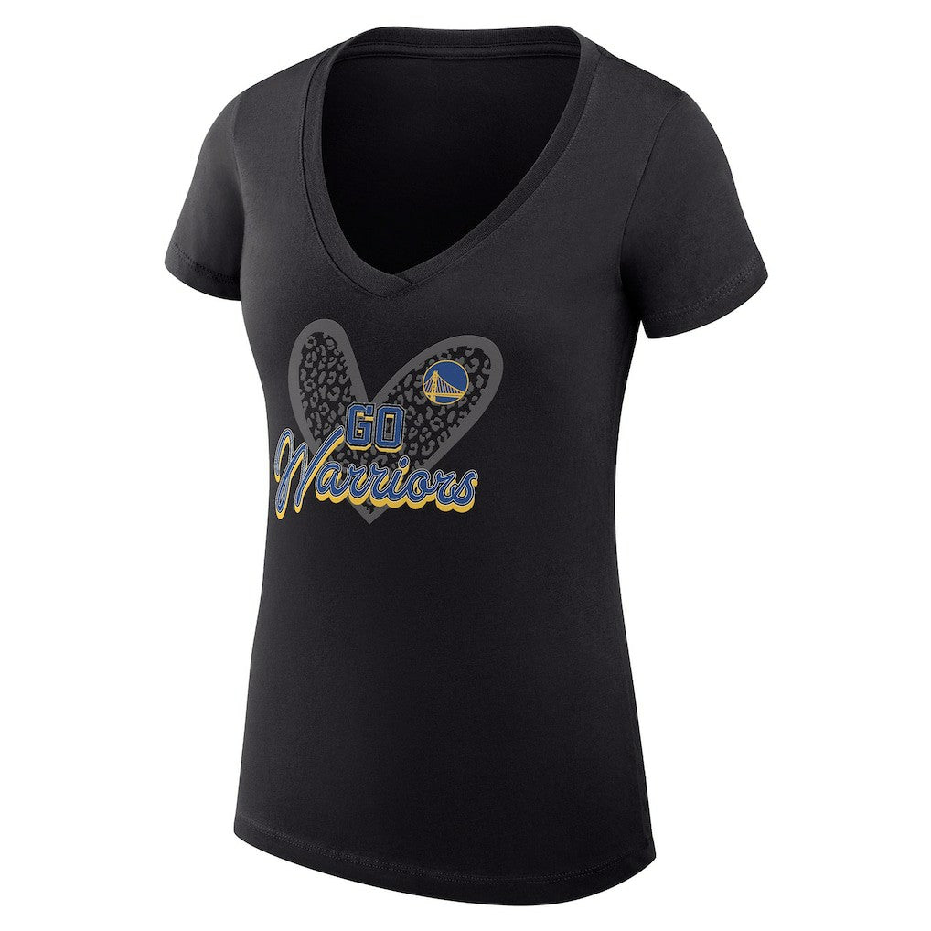 Golden State Warriors G-III 4Her by Carl Banks Women's Super-Slim Fit Lightweight Leopard Heart V-Neck T-Shirt sale - Black for sale