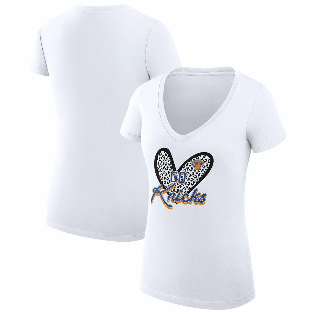 New York Knicks G-III 4Her by Carl Banks Women's Super-Slim Fit Lightweight Leopard Heart V-Neck T-Shirt - White discount
