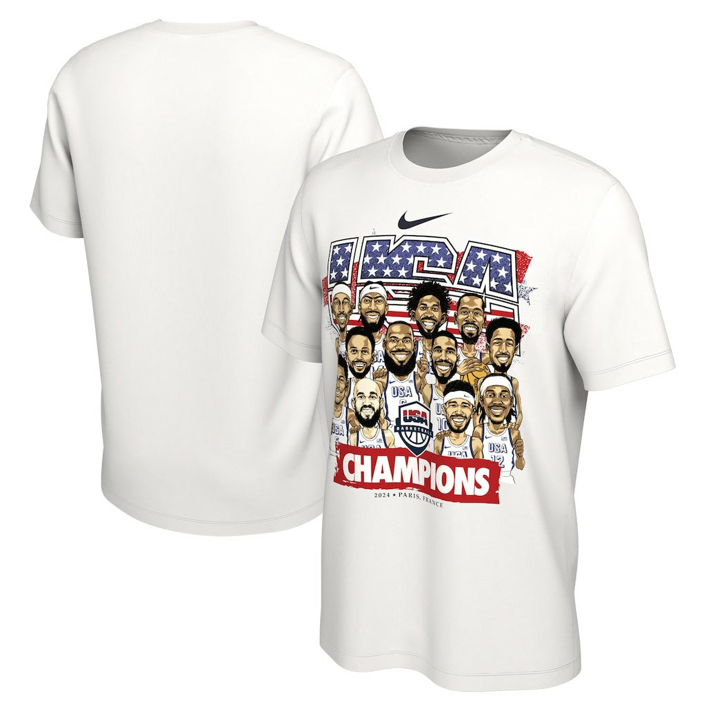 USA Men's Basketball Unisex 2024 Summer Olympics Gold Medal Team Caricature T-Shirt - White | Nike outlet