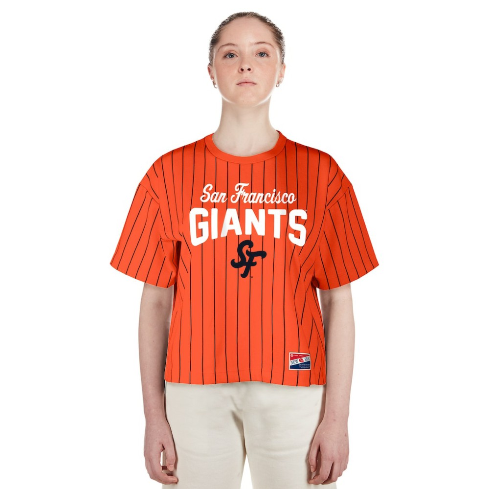 San Francisco Giants Women's 2025 City Connect Boxy Pinstripe T-Shirt - Orange | New Era