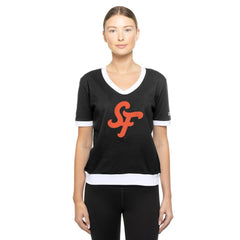 San Francisco Giants Women's 2025 City Connect Rhinestone V-Neck T-Shirt - Black | New Era