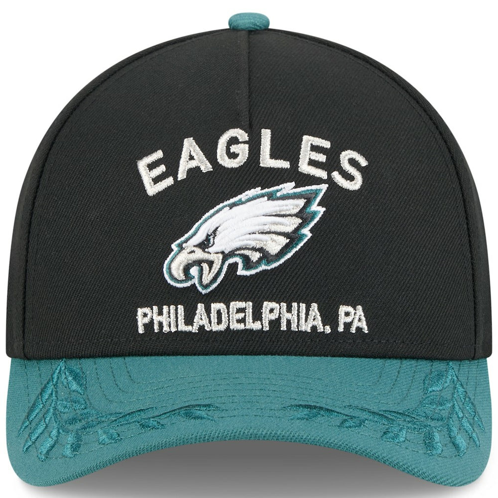 Philadelphia Eagles New Era 2025 NFL Draft 9FORTY A-Frame M-Crown Adjustable Hat - Black/Midnight Green sale
