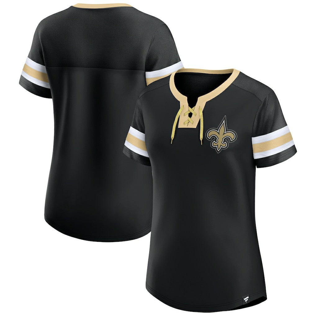 New Orleans Saints Women's Bling Athena Jersey Style Lace-up T-Shirt - Black sale