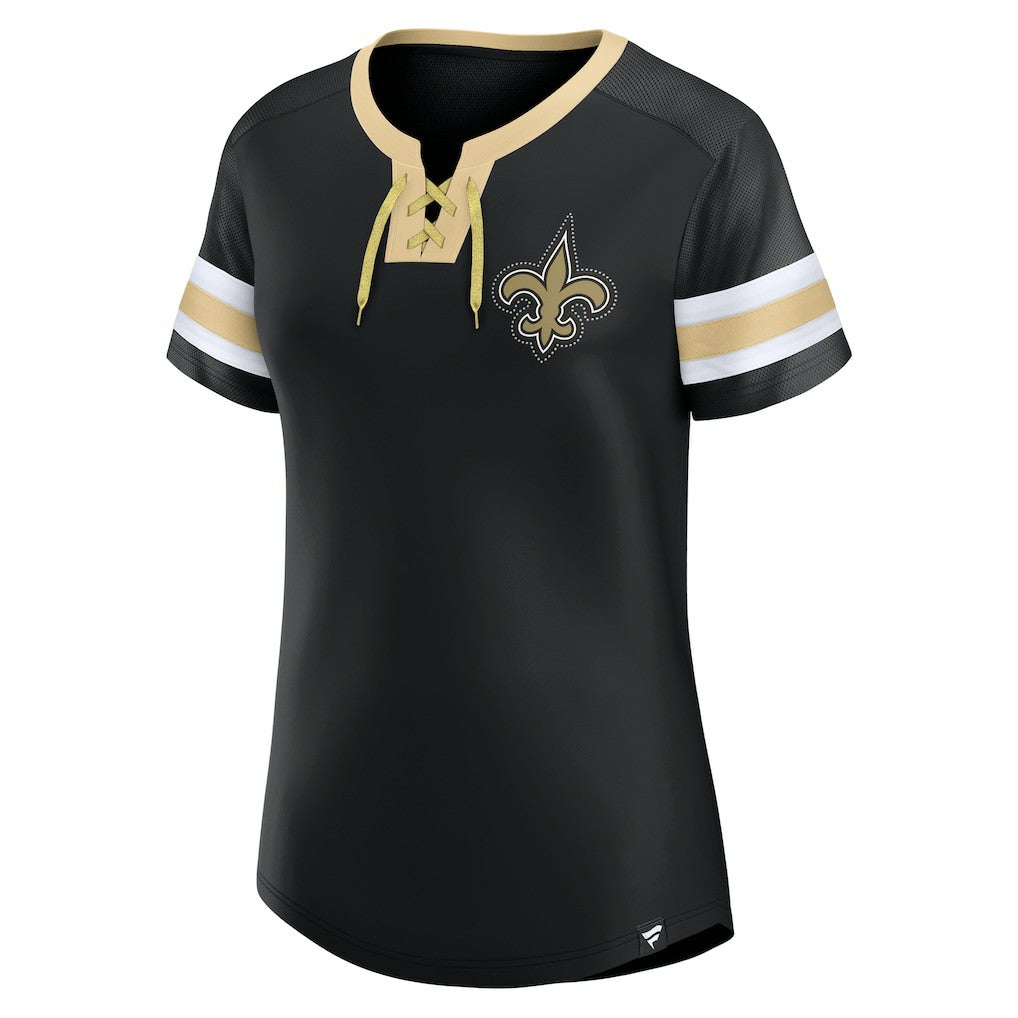 New Orleans Saints Women's Bling Athena Jersey Style Lace-up T-Shirt - Black sale