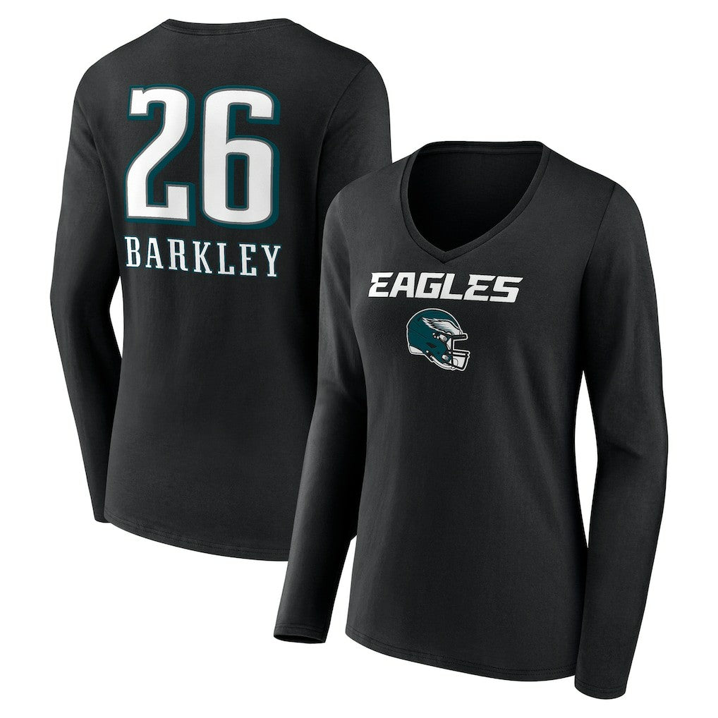 Saquon Barkley Philadelphia Eagles Women's Name & Number Team Wordmark Long Sleeve V-Neck T-Shirt - Black online