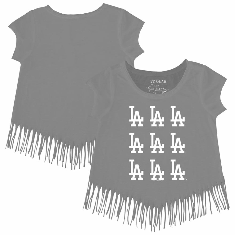 Los Angeles Dodgers Tiny Turnip Girls Youth Logo Grid Fringe T-Shirt - Gray