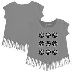 Chicago Cubs Tiny Turnip Girls Youth Logo Grid Fringe T-Shirt - Gray