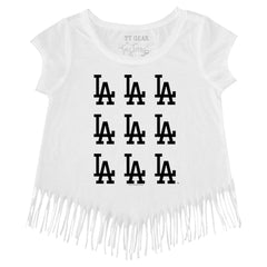 Los Angeles Dodgers Tiny Turnip Girls Youth Logo Grid Fringe T-Shirt - White