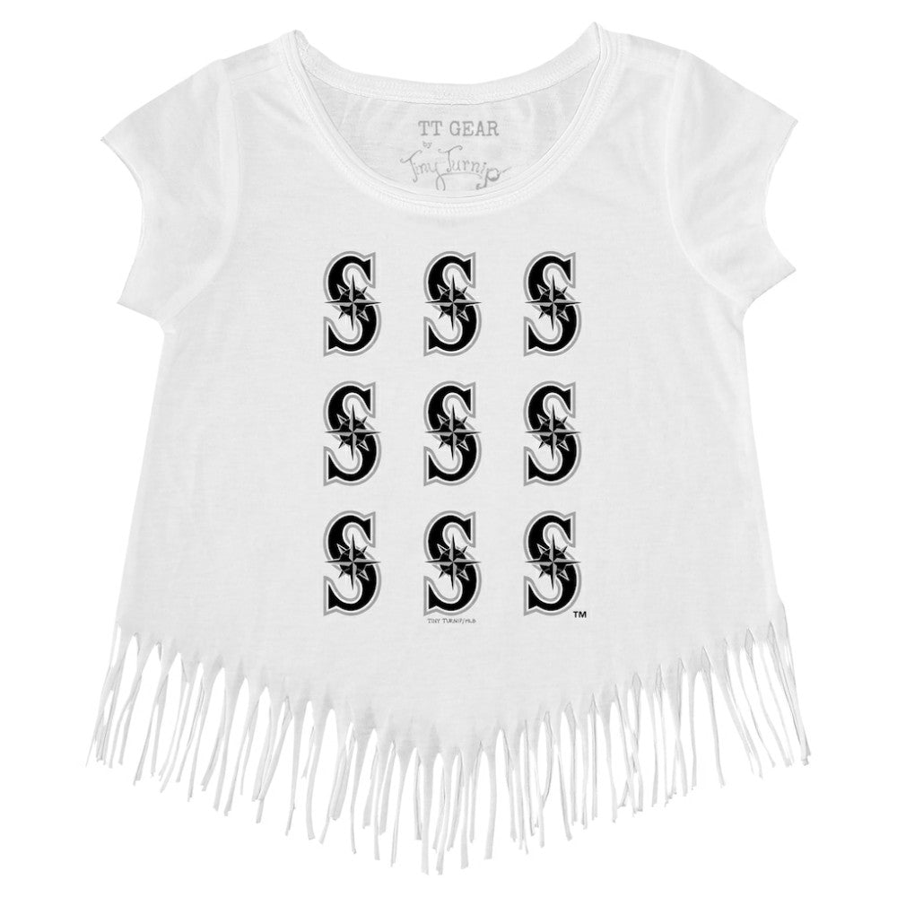 Seattle Mariners Tiny Turnip Girls Youth Logo Grid Fringe T-Shirt - White