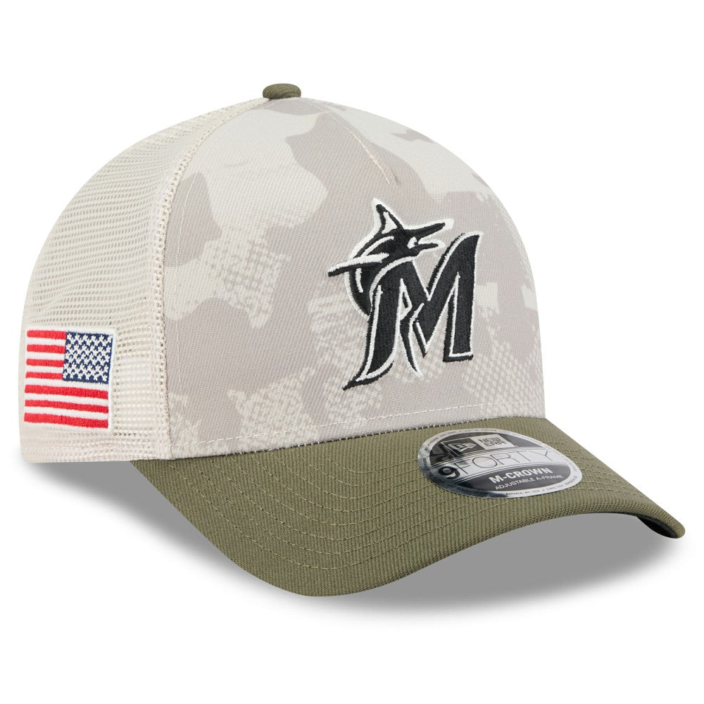 Miami Marlins 2025 Armed Forces Day 9FORTY M-Crown A-Frame Adjustable Hat - Light Beige/Olive | New Era