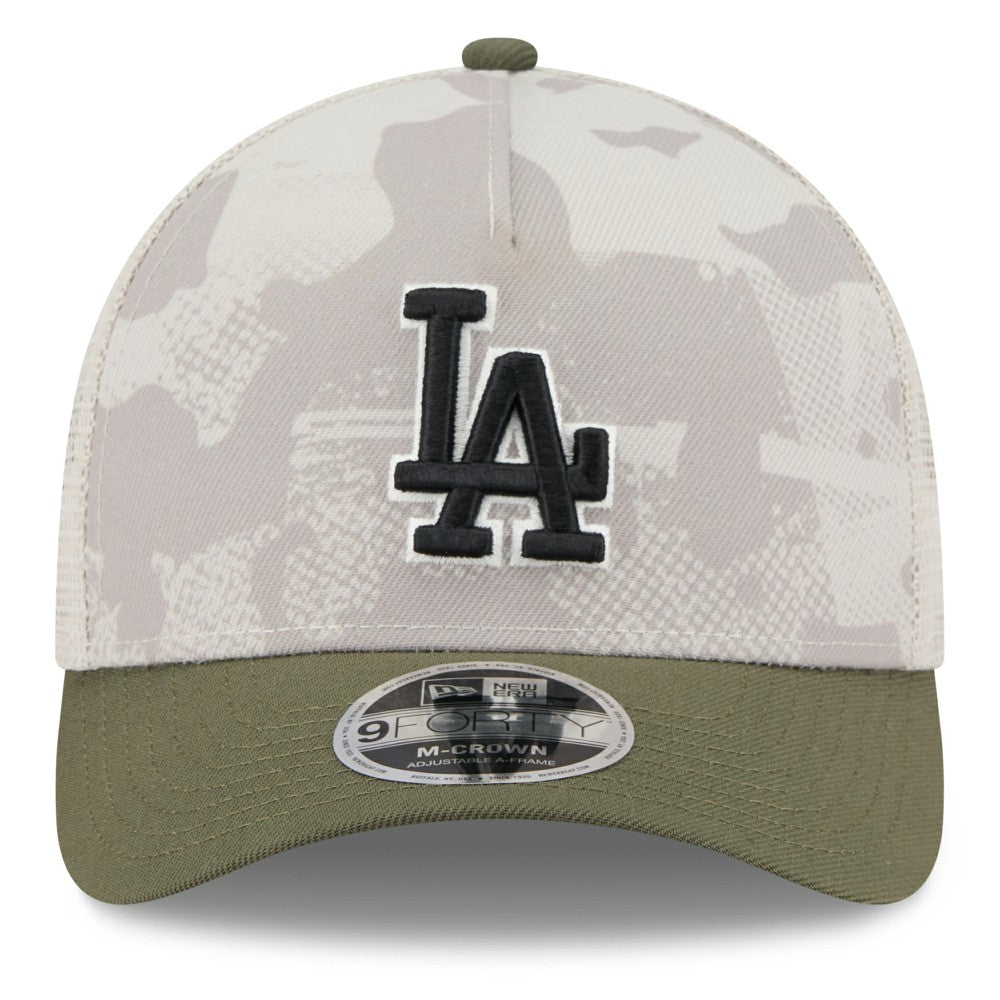 Los Angeles Dodgers 2025 Armed Forces Day 9FORTY M-Crown A-Frame Adjustable Hat - Light Beige/Olive | New Era