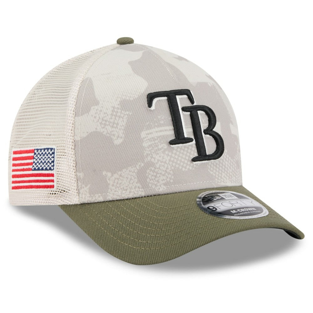 Tampa Bay Rays 2025 Armed Forces Day 9FORTY M-Crown A-Frame Adjustable Hat - Light Beige/Olive | New Era