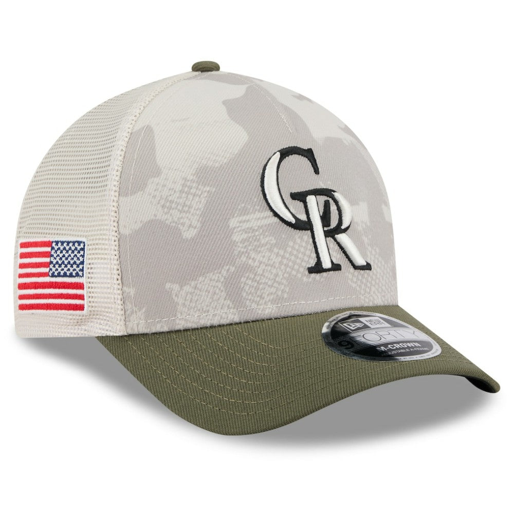 Colorado Rockies 2025 Armed Forces Day 9FORTY M-Crown A-Frame Adjustable Hat - Light Beige/Olive | New Era