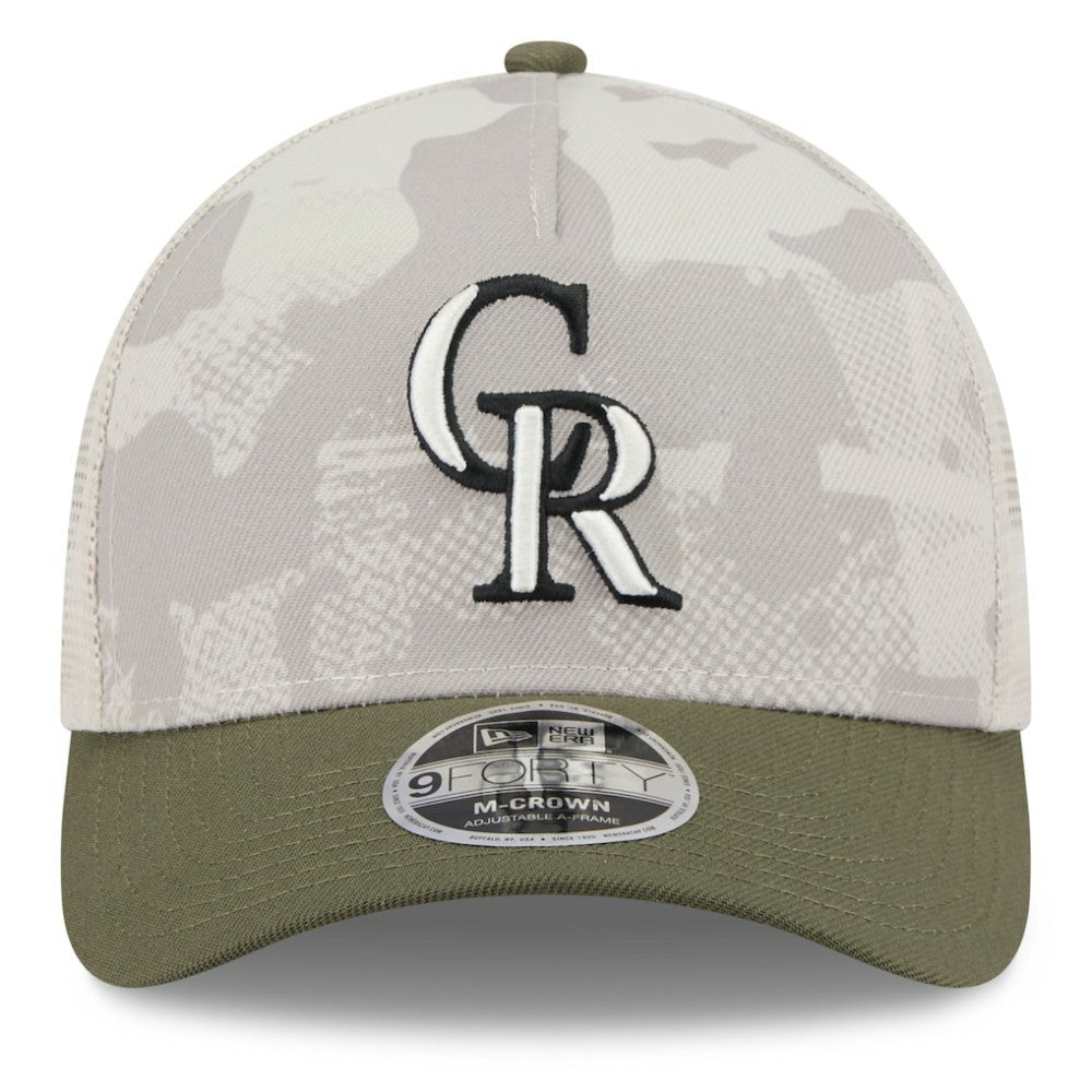 Colorado Rockies 2025 Armed Forces Day 9FORTY M-Crown A-Frame Adjustable Hat - Light Beige/Olive | New Era