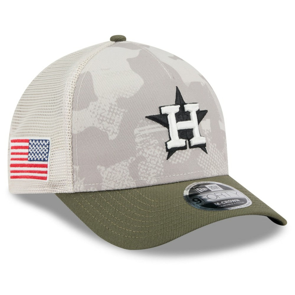 Houston Astros 2025 Armed Forces Day 9FORTY M-Crown A-Frame Adjustable Hat - Light Beige/Olive | New Era