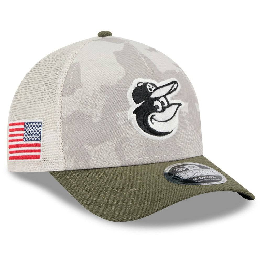 Baltimore Orioles 2025 Armed Forces Day 9FORTY M-Crown A-Frame Adjustable Hat - Light Beige/Olive | New Era