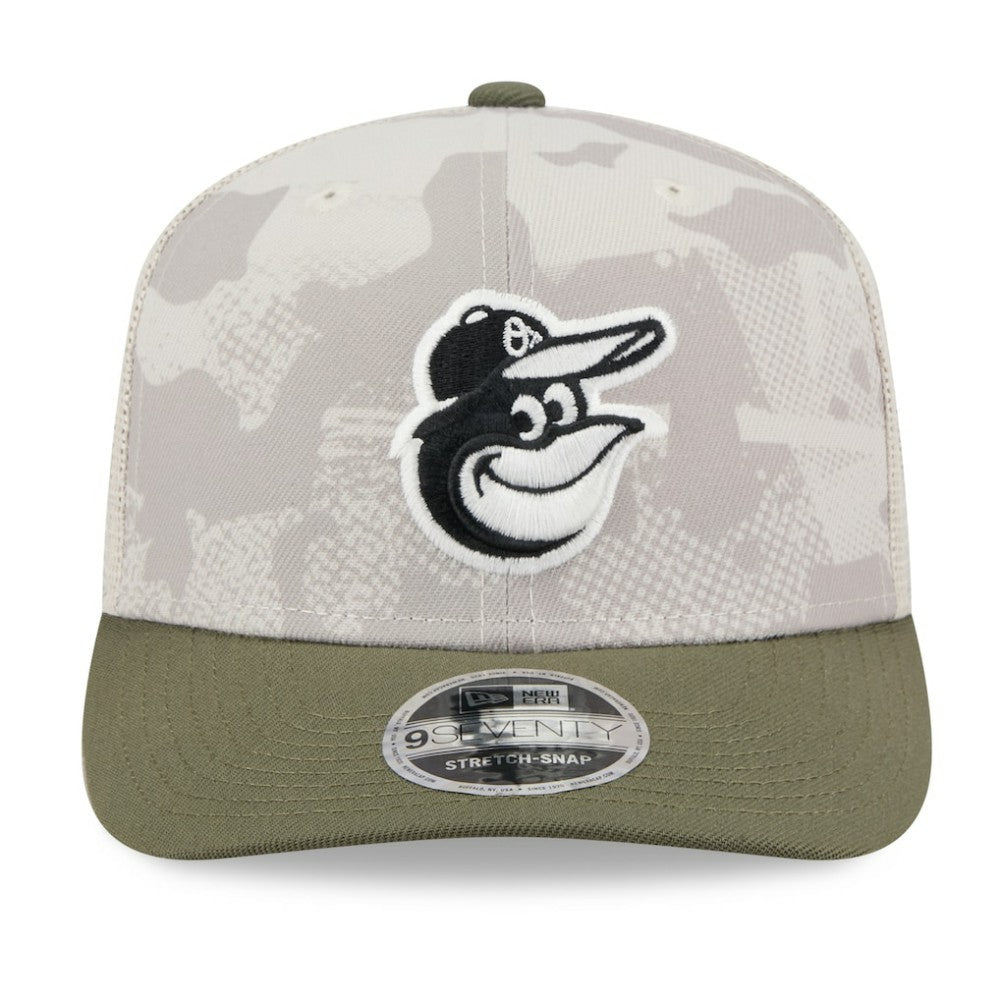 Baltimore Orioles 2025 Armed Forces Day 9SEVENTY Stretch-Snap Hat - Light Beige/Olive | New Era