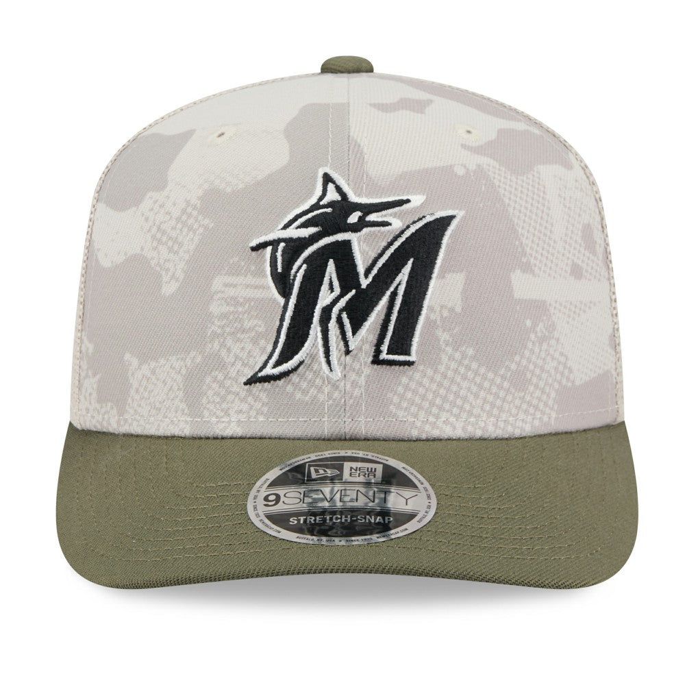Miami Marlins 2025 Armed Forces Day 9SEVENTY Stretch-Snap Hat - Light Beige/Olive | New Era