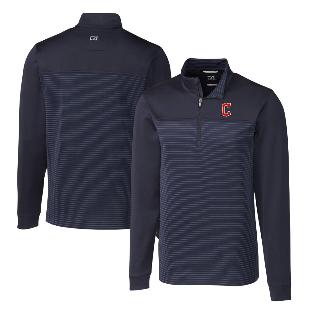Cleveland Guardians Cutter & Buck Big & Tall Traverse Stripe Stretch DryTec Quarter-Zip Top - Navy