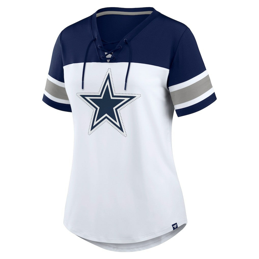 Dallas Cowboys Women's Athena Rhinestone Lace-Up V-Neck T-Shirt - White/Navy cheap
