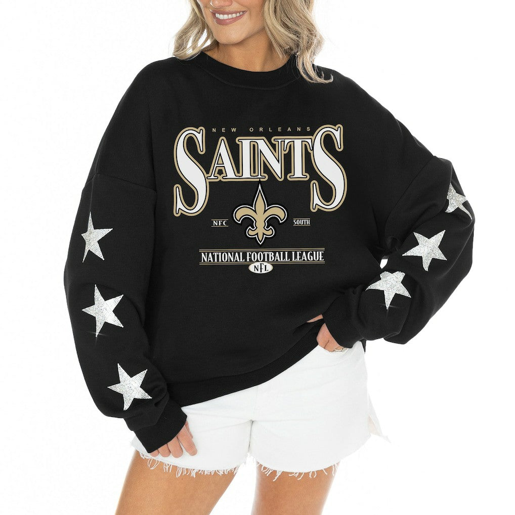 New Orleans Saints Gameday Couture Women's Rhinestone Star Sleeve Settle the Score Oversized Tri-Blend Pullover - Black for sale