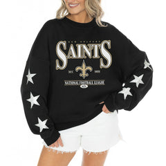 New Orleans Saints Gameday Couture Women's Rhinestone Star Sleeve Settle the Score Oversized Tri-Blend Pullover - Black for sale