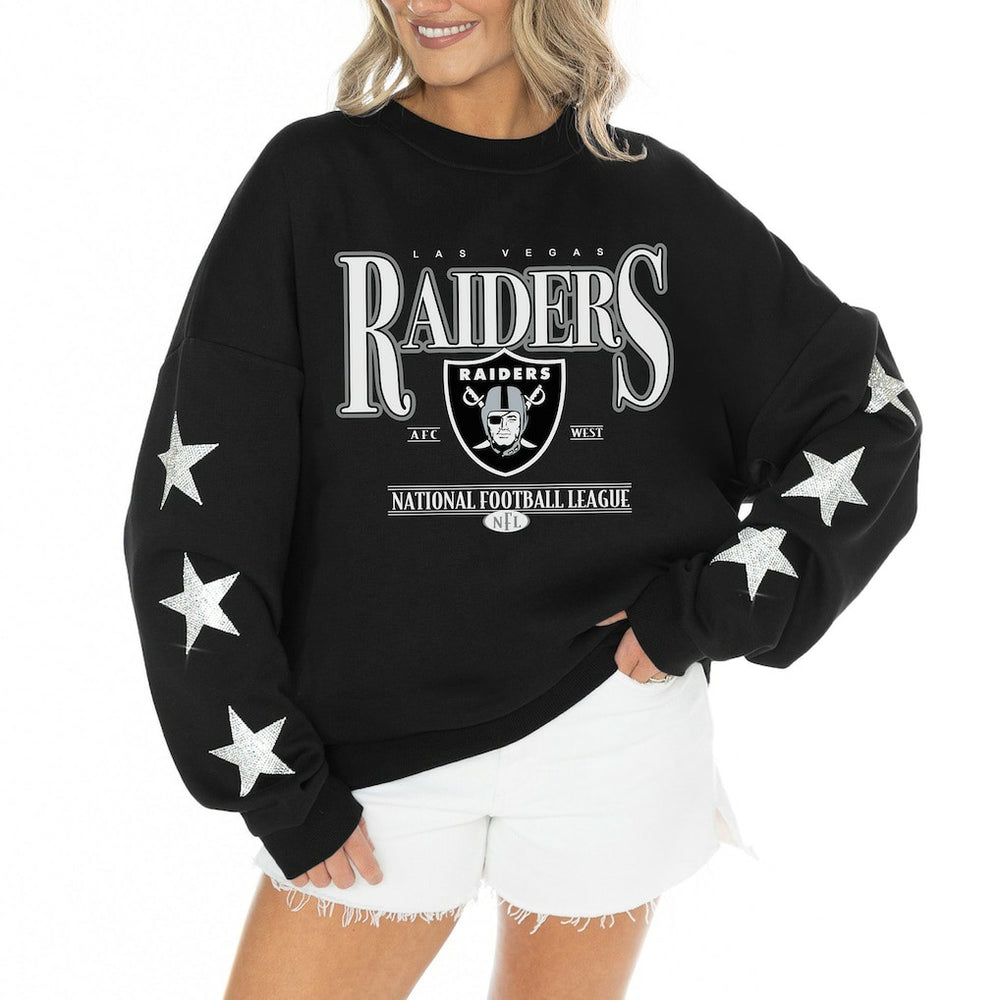Las Vegas Raiders Gameday Couture Women's Rhinestone Star Sleeve Settle the Score Oversized Tri-Blend Pullover - Black outlet
