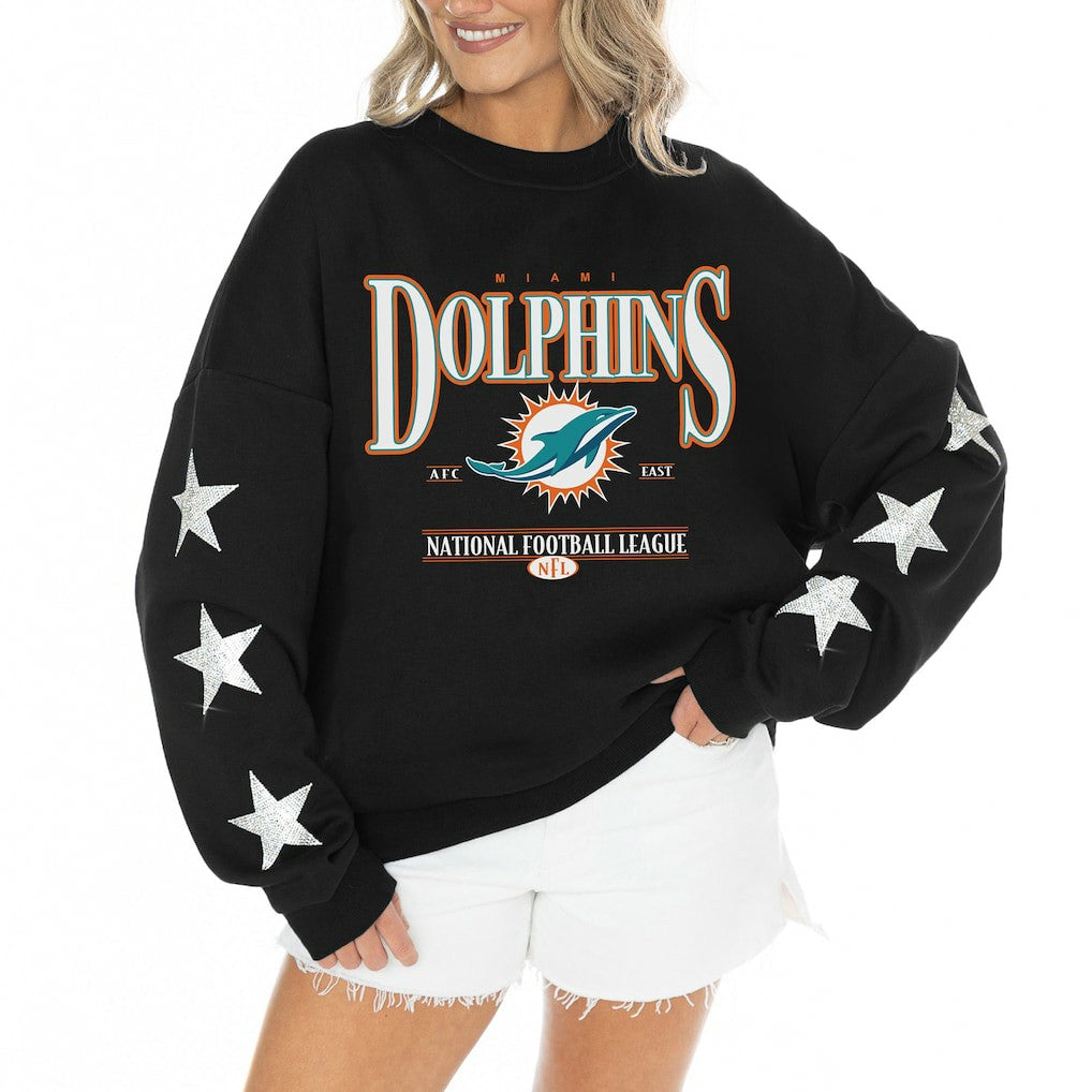 Miami Dolphins Gameday Couture Women's Rhinestone Star Sleeve Settle the Score Oversized Tri-Blend Pullover - Black cheap