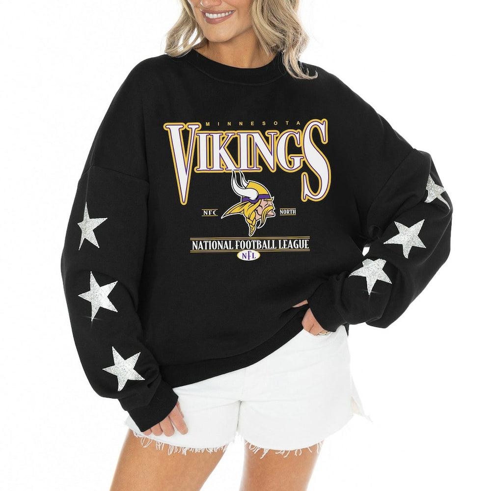 Minnesota Vikings Gameday Couture Women's Rhinestone Star Sleeve Settle the Score Oversized Tri-Blend Pullover - Black on sale