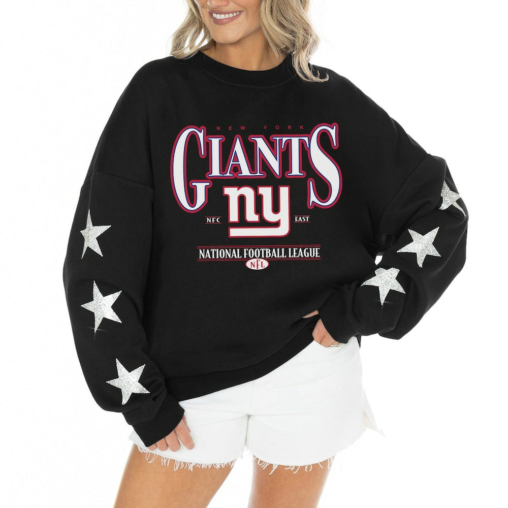 New York Giants Gameday Couture Women's Rhinestone Star Sleeve Settle the Score Oversized Tri-Blend Pullover - Black for sale
