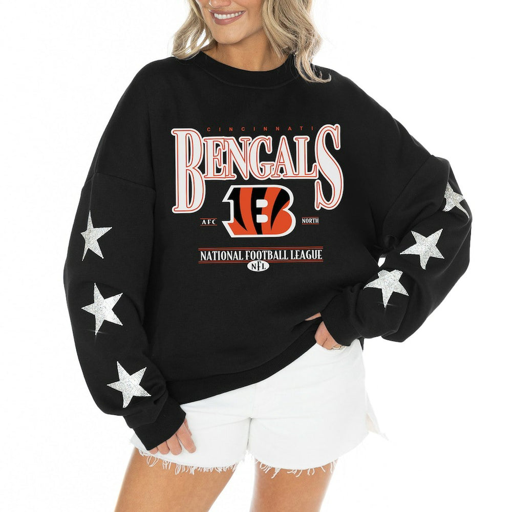 Cincinnati Bengals Gameday Couture Women's Rhinestone Star Sleeve Settle the Score Oversized Tri-Blend Pullover - Black cheap