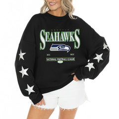 Seattle Seahawks Gameday Couture Women's Rhinestone Star Sleeve Settle the Score Oversized Tri-Blend Pullover - Black cheap