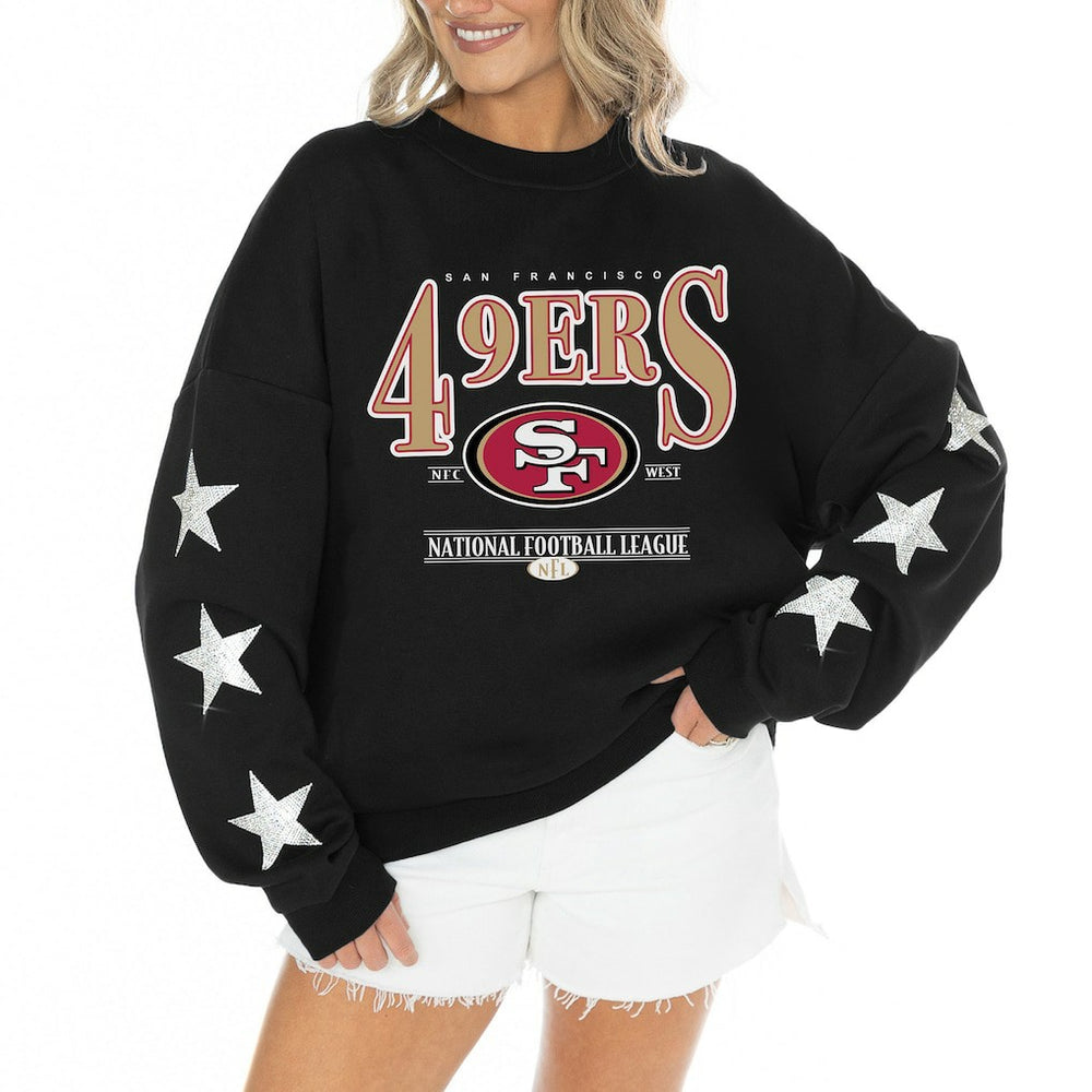 San Francisco 49ers Gameday Couture Women's Rhinestone Star Sleeve Settle the Score Oversized Tri-Blend Pullover - Black on sale