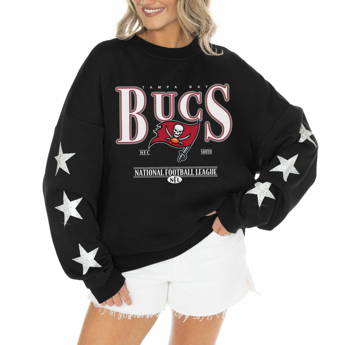 Tampa Bay Buccaneers Gameday Couture Women's Rhinestone Star Sleeve Settle the Score Oversized Tri-Blend Pullover - Black cheap