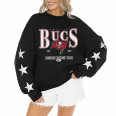 Tampa Bay Buccaneers Gameday Couture Women's Rhinestone Star Sleeve Settle the Score Oversized Tri-Blend Pullover - Black cheap